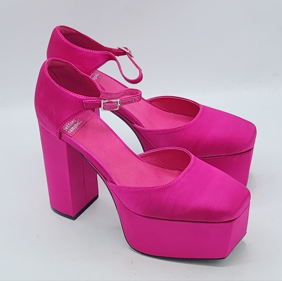 NWOB Jeffrey Campbell Edie Fuchsia Pink Satin Platform Heels – Size 8.5 - Picture 3 of 16